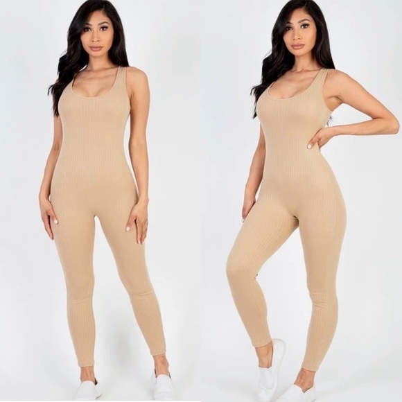 NEW TRENDY KHAKI TANK TOP SCOOP NECK RIBBED BODYCON JUMPSUIT ROMPER - Picture 1 of 3